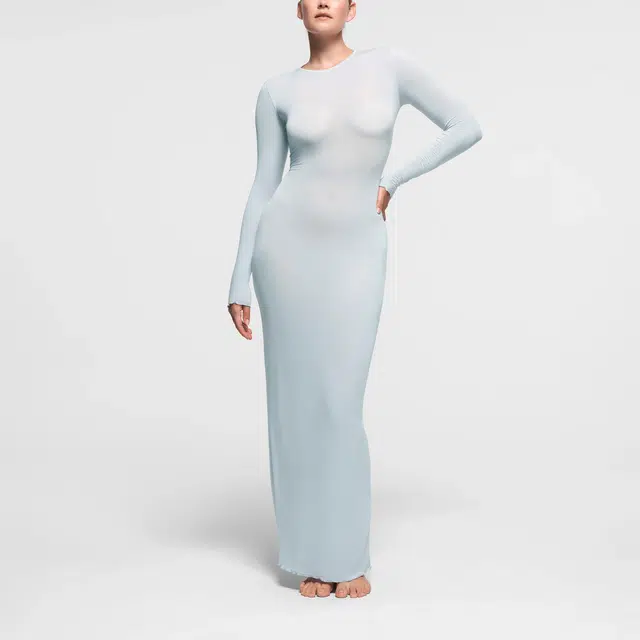 SKIMS SHEER MODAL LONG SLEEVE LONG DRESS PEARL