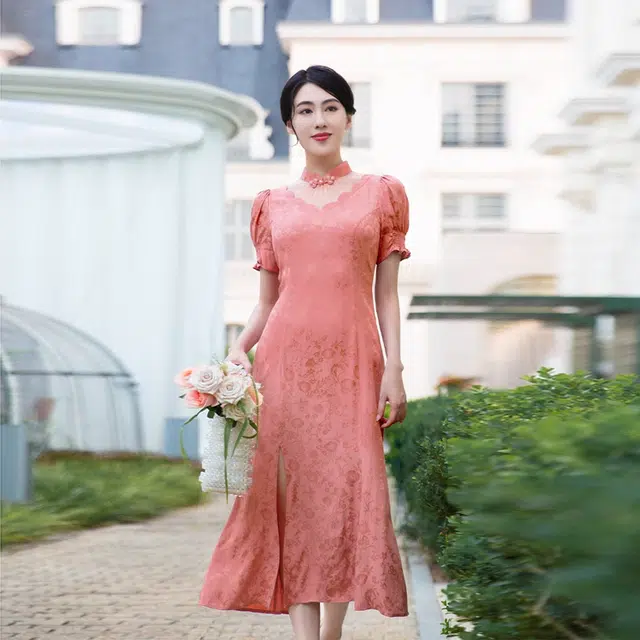 四美子 提花镂空立领短袖旗袍 相思子