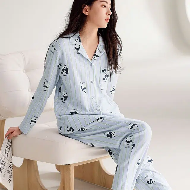 芬腾 休闲翻领长袖上衣中腰长裤睡衣套装 女款 紫条