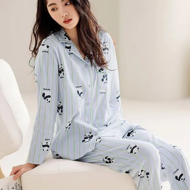 芬腾 休闲翻领长袖上衣中腰长裤睡衣套装 女款 紫条