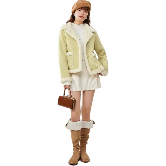 爱依服 美式休闲通勤风保暖百搭长袖绒感外套 女款 浅黄