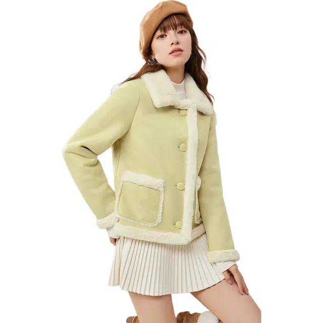 爱依服 美式休闲通勤风保暖百搭长袖绒感外套 女款 浅黄