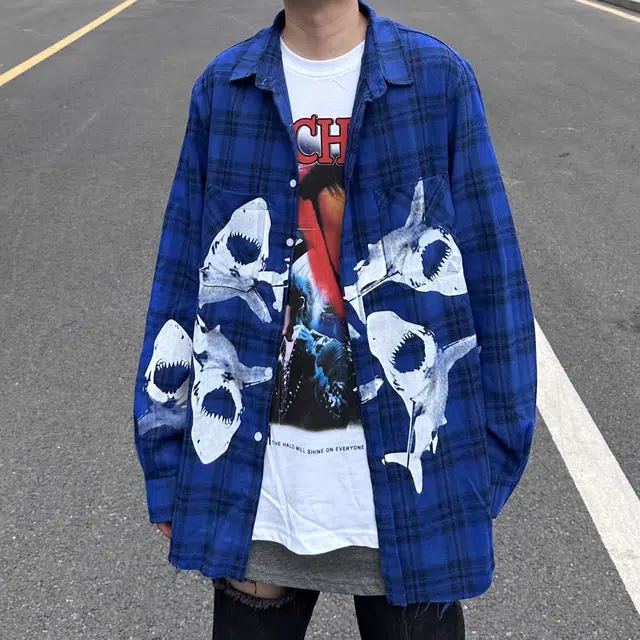 极限涡轮 鲨鱼系列 格子休闲痞帅小众长袖衬衫 男女同款 蓝色
