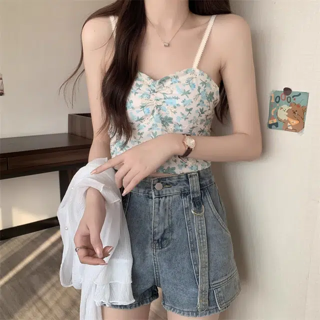 雅羊人 纯色单排扣长袖开衫印花舒适吊带背心休闲套装 女款 白色