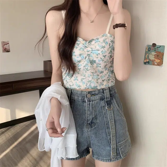 雅羊人 纯色单排扣长袖开衫印花舒适吊带背心休闲套装 女款 白色