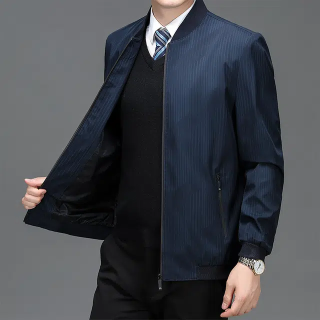 老爷车 男士春秋季棒球领商务休闲外套中年爸爸装条纹行政夹克 男款