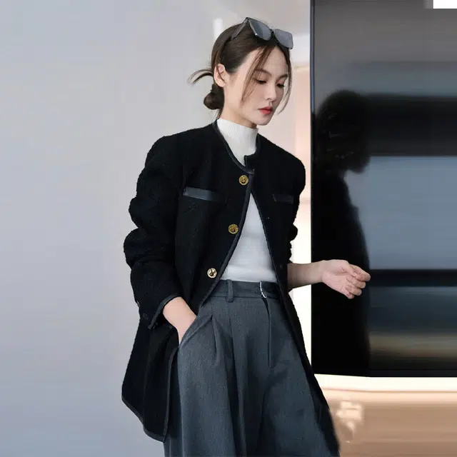 美洋 气质粗花呢小香风圆领直筒金扣夹克外套 女款 黑色
