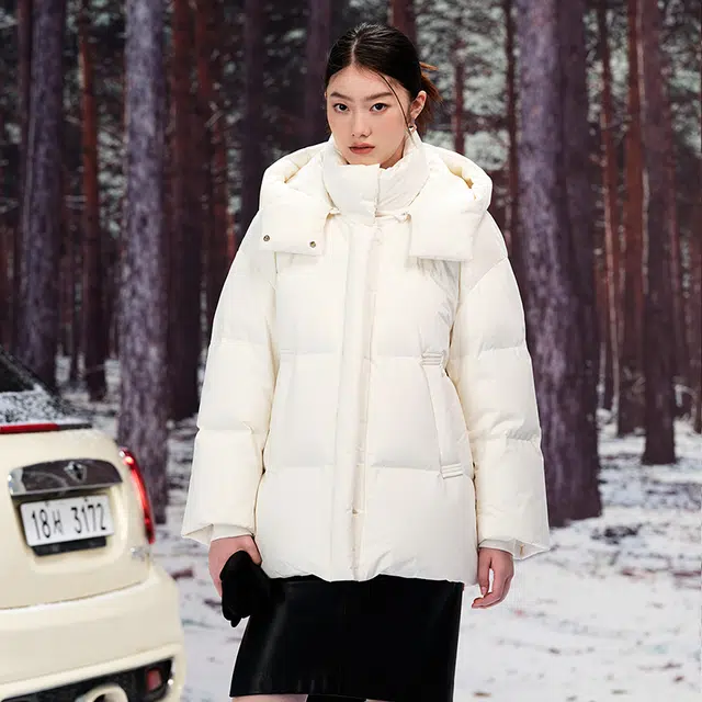 坦博尔 休闲纯色连帽加厚羽绒服 女款