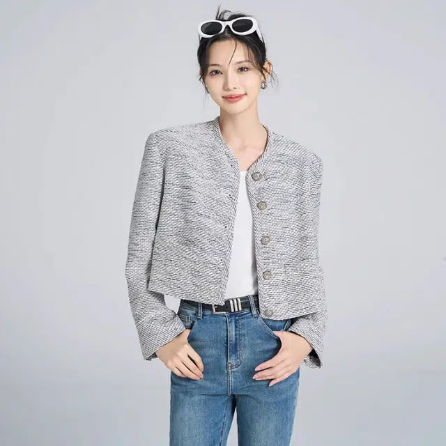 美洋 莉莉安小香外套花纱肌理短款夹克 女款 白蓝