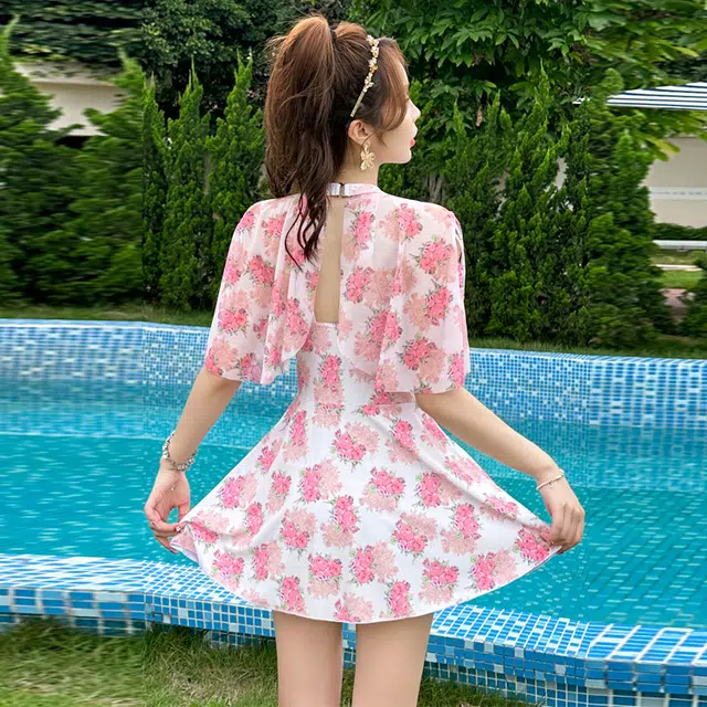 佑游 碎花带胸垫无钢托裙式连体泳装 粉色