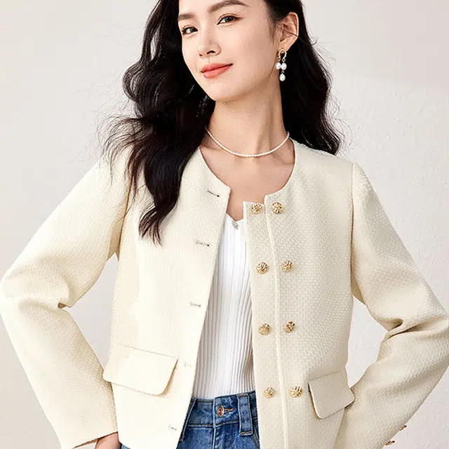欧昵雪 休闲纯色长袖截短外套 女款 杏色