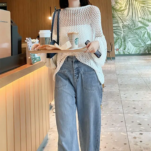美洋 休闲口袋做旧牛仔裤 女款 牛仔蓝