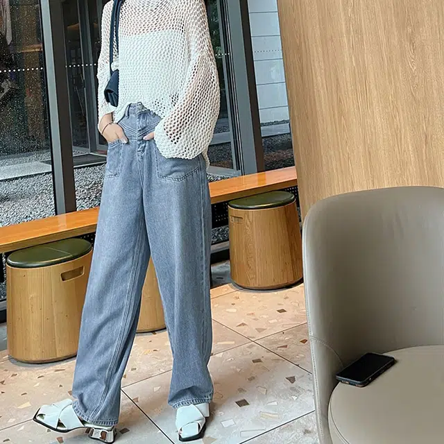 美洋 休闲口袋做旧牛仔裤 女款 牛仔蓝