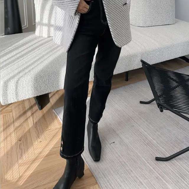 美洋 水洗高腰拉链直筒牛仔裤 女款 黑色