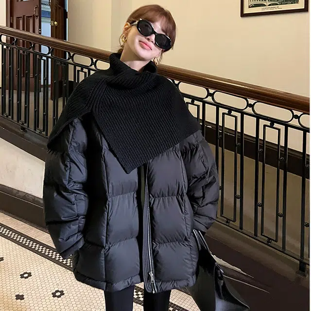 美洋 圆领拉链粗棒针织披肩纯色长袖羽绒服 女款 黑色