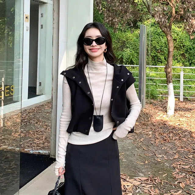 美洋 连帽单排扣短款防风两穿马甲 女款 黑色