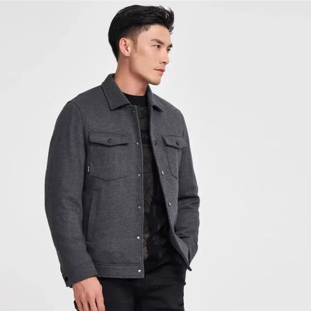 才子 纯色多口袋翻领修身单排扣棉服 男款 灰色