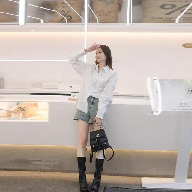 美洋 泡泡棉条纹长袖衬衫 女款 白色