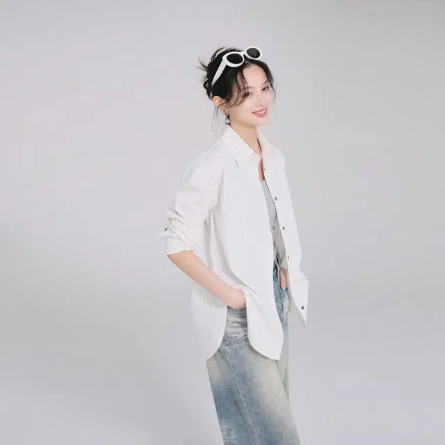 美洋 泡泡棉条纹长袖衬衫 女款 白色