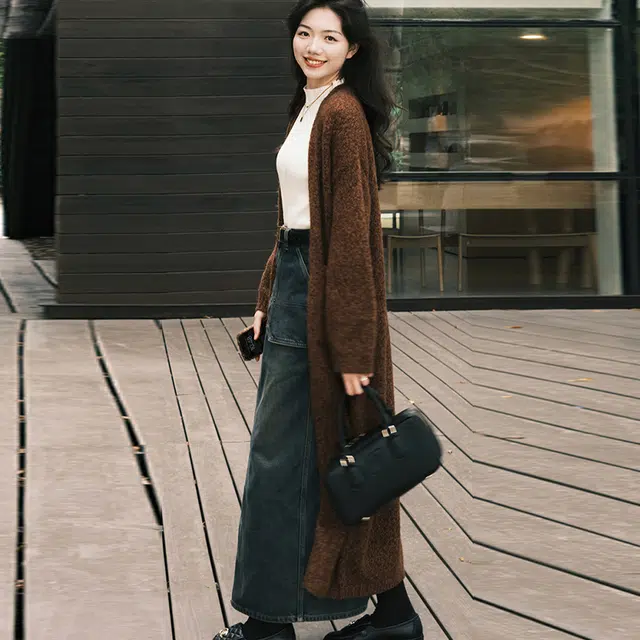 美洋 纯色一体绒双袋高腰直筒半身牛仔长裙 女款 复古蓝