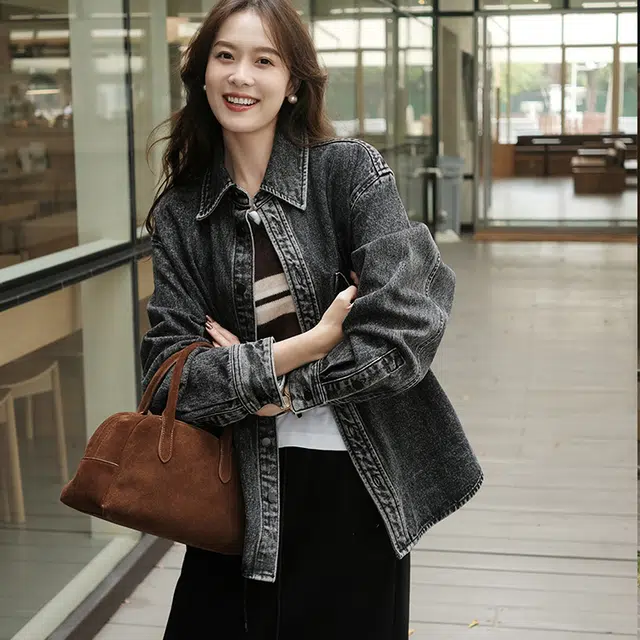 美洋 磨白洗水怀旧复古工装牛仔外套 女款 深灰