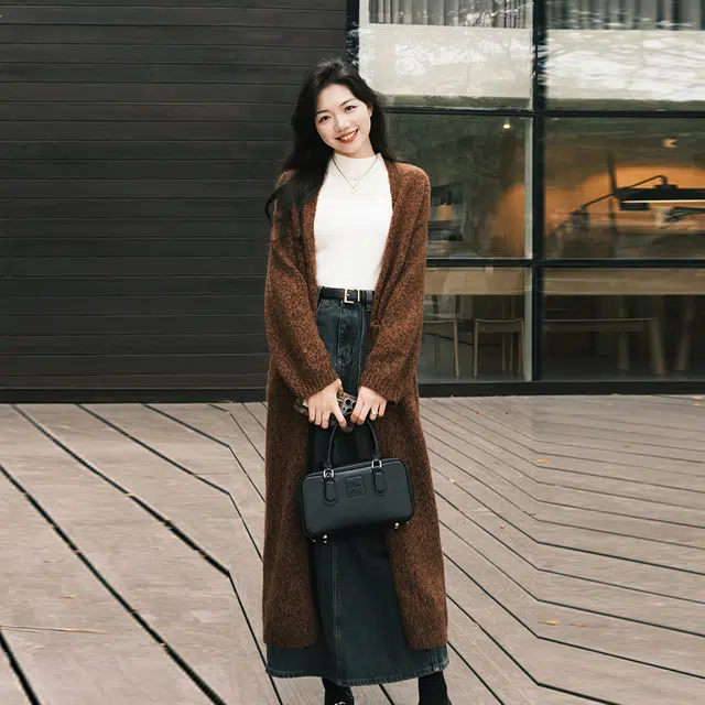 美洋 纯色一体绒双袋高腰直筒半身牛仔长裙 女款 复古蓝