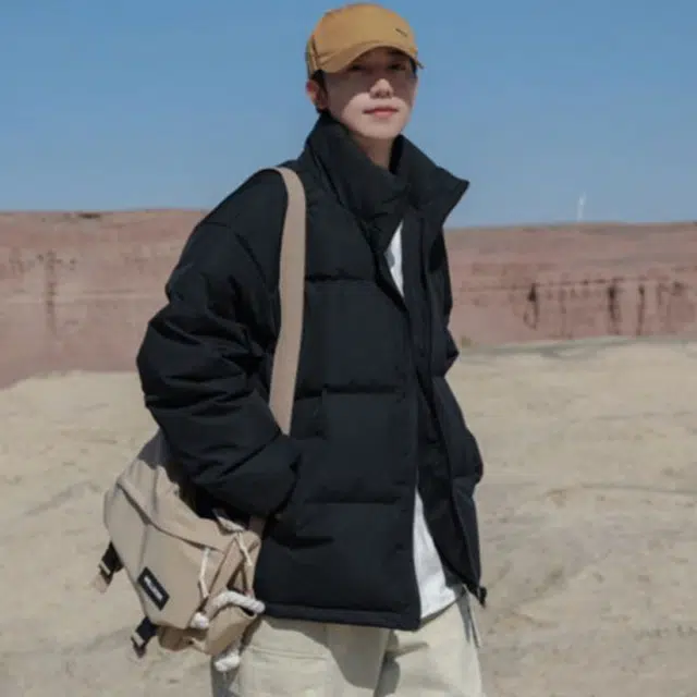 港仔文艺男 纯色立领面包服羽绒服 男款