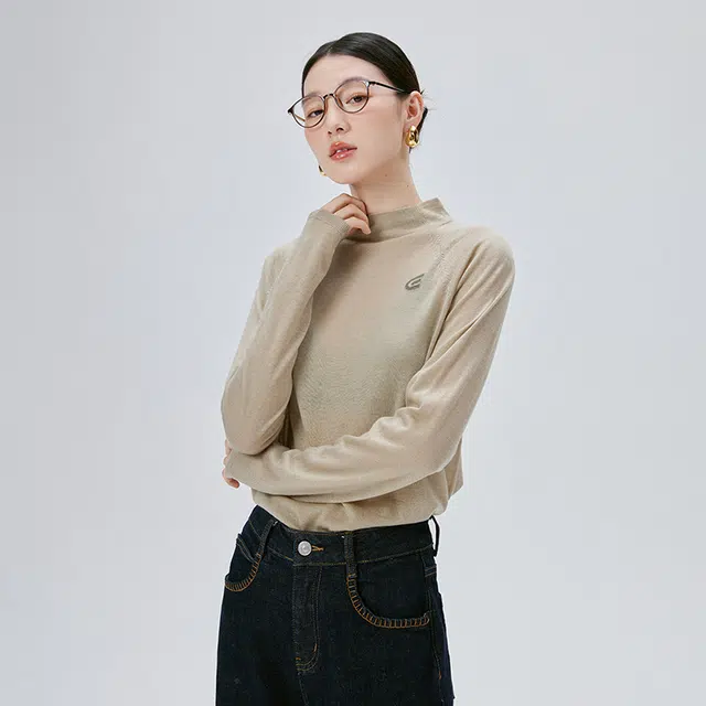 艾莱依 半高领套头撞色条纹长袖毛衣 女款