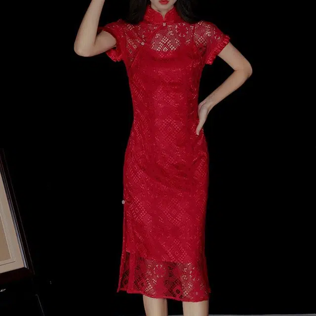 槿爷东方 复古蕾丝领口盘扣旗袍 女款 酒红色