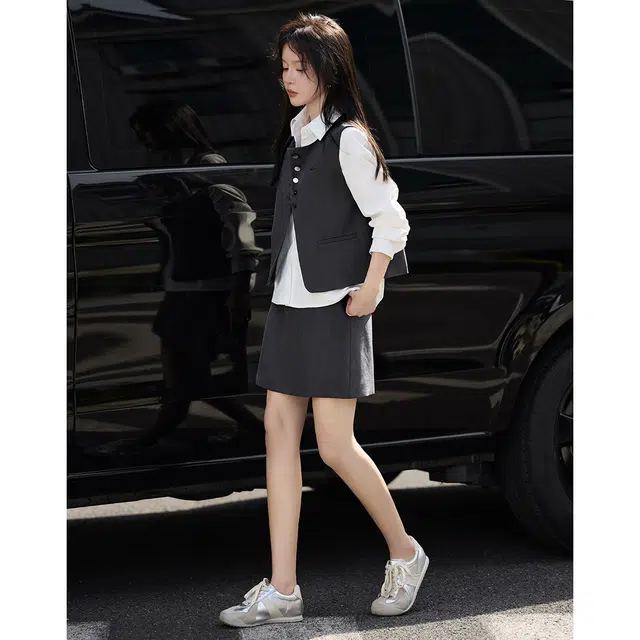 沫晗依美 圆领通勤简约上衣纯色时尚舒适裙子裙装套装 女款 麻灰色