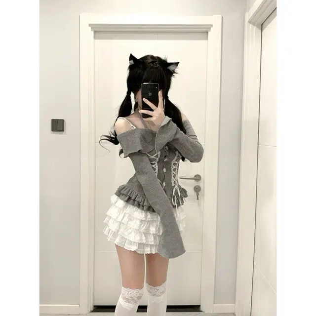 邓大喵 纯欲风一字肩挂脖吊带针织上衣女蛋糕裙裙装套装 女款