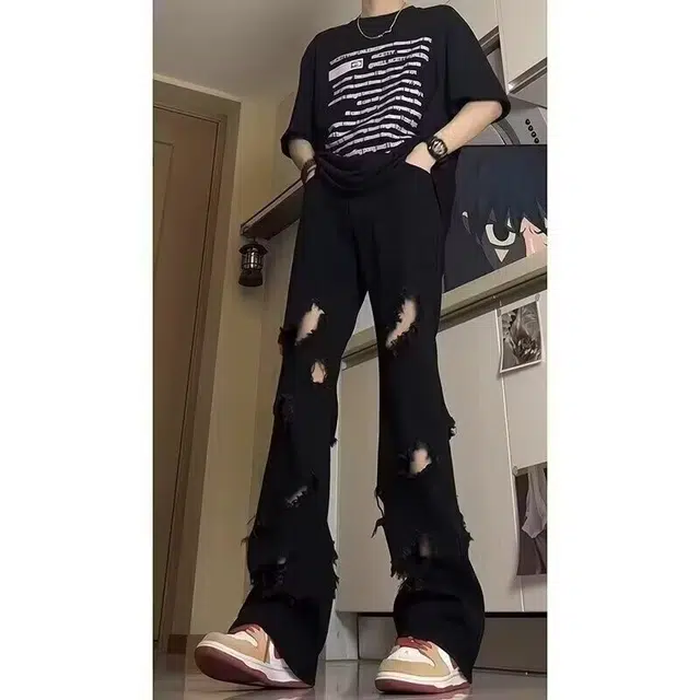 悍戈 美式高街个性设计感破洞百搭长裤牛仔裤 男女同款