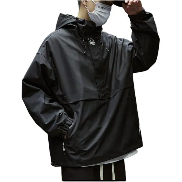 隐狼世家  美式潮牌青少年套头连帽工装户外  防风冲锋衣 男款 暗夜黑