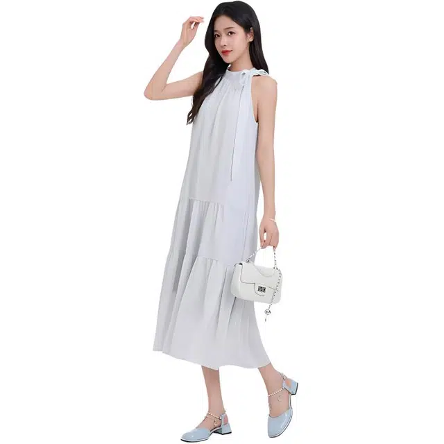 三福 挂脖式领口气质宽松无袖连衣裙 女款