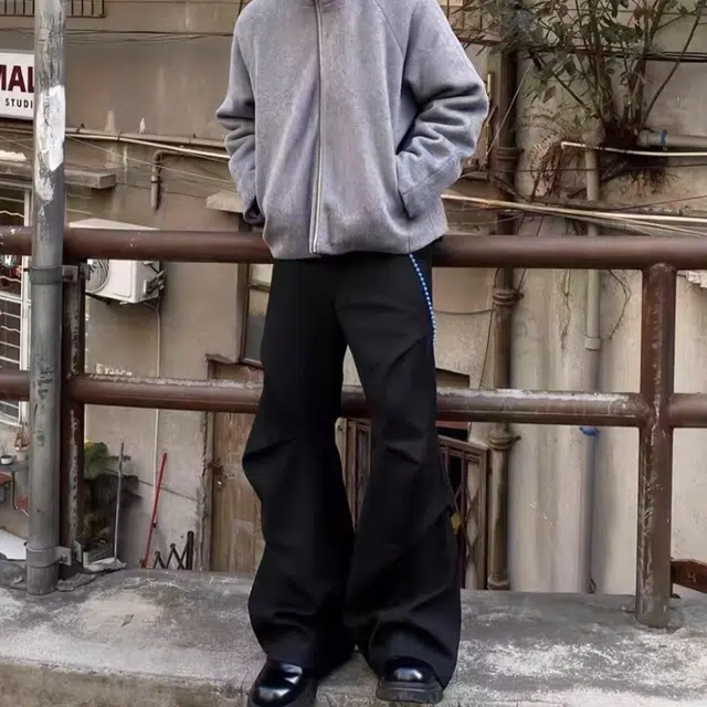 黑衣先生 小众褶皱西裤微喇叭阔腿西装裤 男女同款 黑色