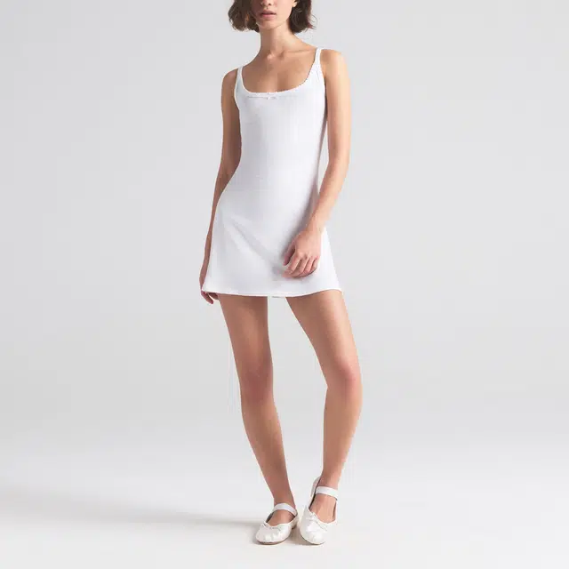 SKIMS SS25 DROP NEEDLE POINTELLE CAMI MINI DRESS SNOW