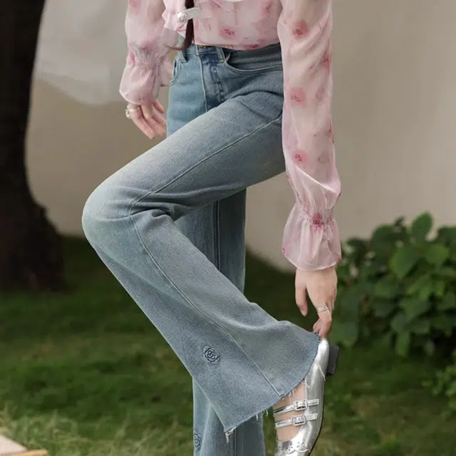 鹿向南 复古文艺阔腿微喇宽松休闲自然腰长裤牛仔裤 女款