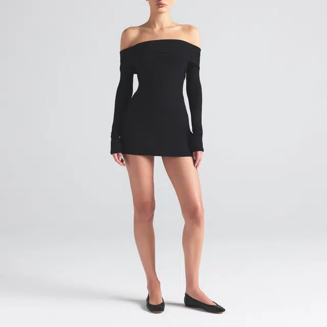 SKIMS SS25 SOFT LOUNGE OFF THE SHOULDER MINI DRESS ONYX