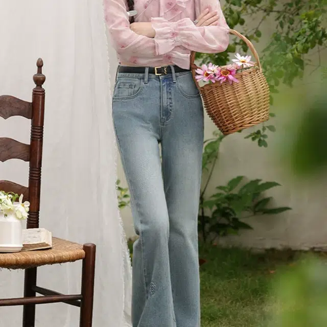 鹿向南 复古文艺阔腿微喇宽松休闲自然腰长裤牛仔裤 女款