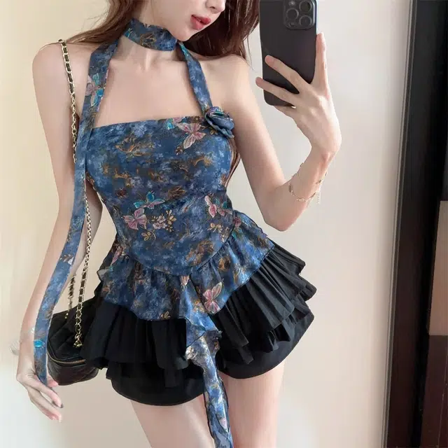 邓大喵 法式蝴蝶花朵印花抹胸背心女夏季辣妹一字肩挂脖短款绝美上衣外穿裙装套装 女款