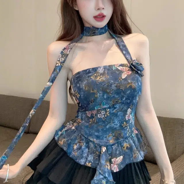 邓大喵 法式蝴蝶花朵印花抹胸背心女夏季辣妹一字肩挂脖短款绝美上衣外穿裙装套装 女款