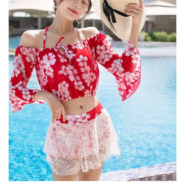 佑游 碎花休闲吊带短裙分体泳衣 红色