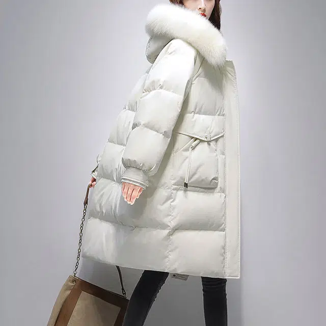 鸭鸭 纯色连帽通勤拉链加厚长袖羽绒服 女款