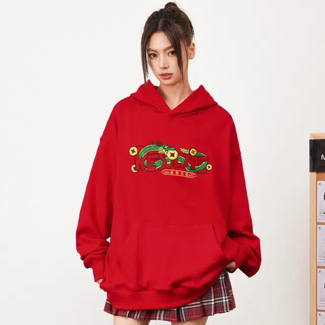 佐贝卡 字母数字连帽加绒宽松长袖卫衣 女款