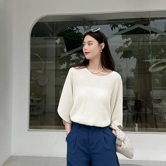 美洋 条纹通勤简约宽松圆领七分袖毛衣 女款 米色