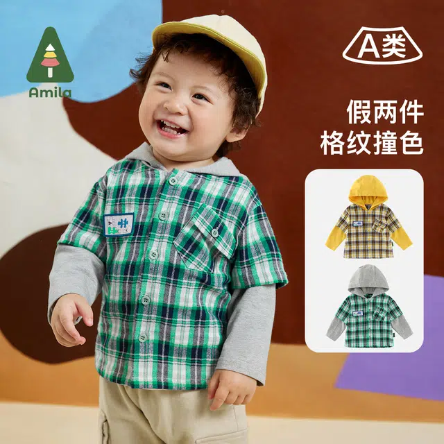 啊咪啦 童装 拼接假两件格子连帽衬衫直筒束脚牛仔裤休闲运动套装 男童