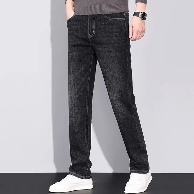 才子 微弹拉链时尚简约直筒牛仔裤 男款 黑蓝色