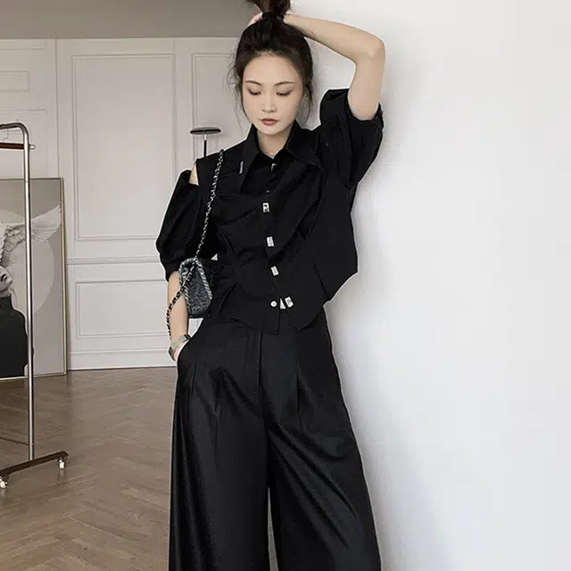 美洋 立体镂空通勤纯色修身五分袖衬衫 女款 简黑