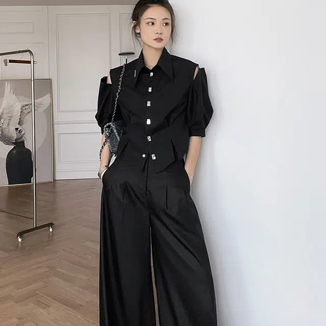 美洋 立体镂空通勤纯色修身五分袖衬衫 女款 简黑