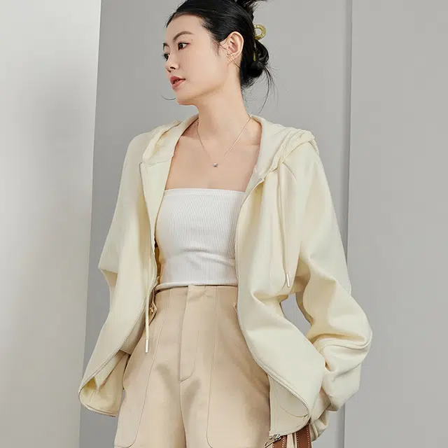 美洋 拼色连帽拉链加绒卫衣 女款 杏色
